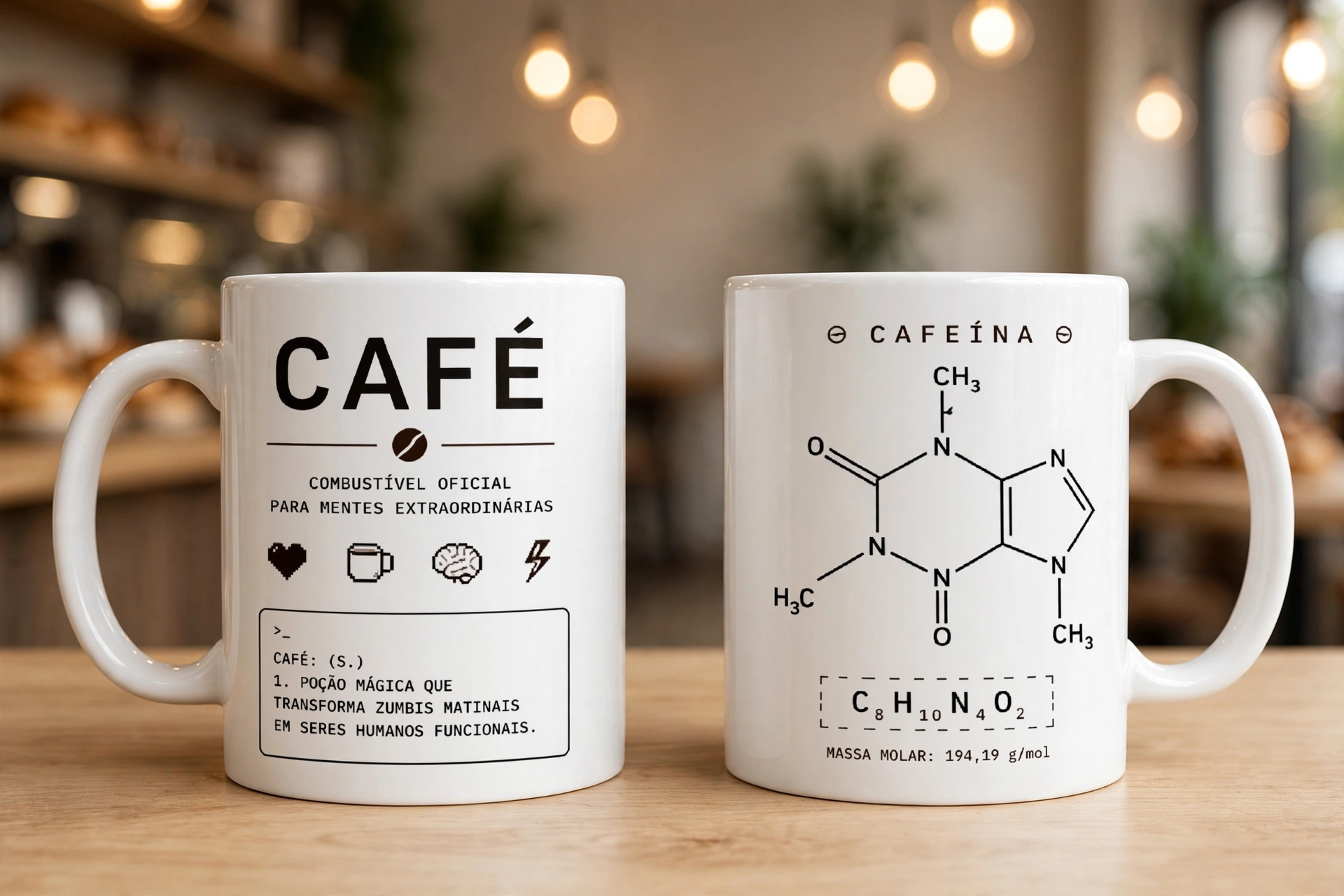 Canecas personalizadas com arte minimalista de café e molécula de cafeína