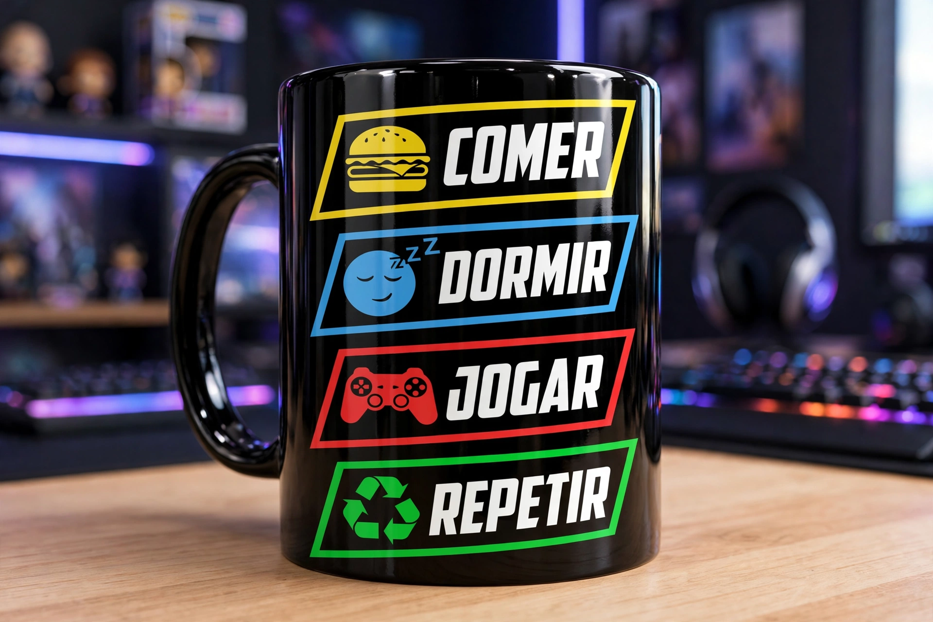 Caneca personalizada preta com arte colorida Comer, Dormir, Jogar, Repetir