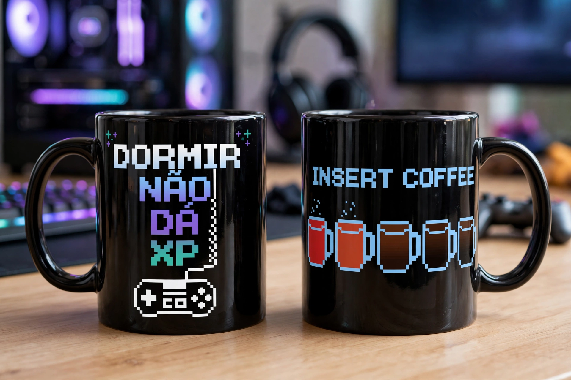 Par de canecas personalizadas pretas com arte pixel art 'Dormir não dá XP' e 'Insert Coffee'