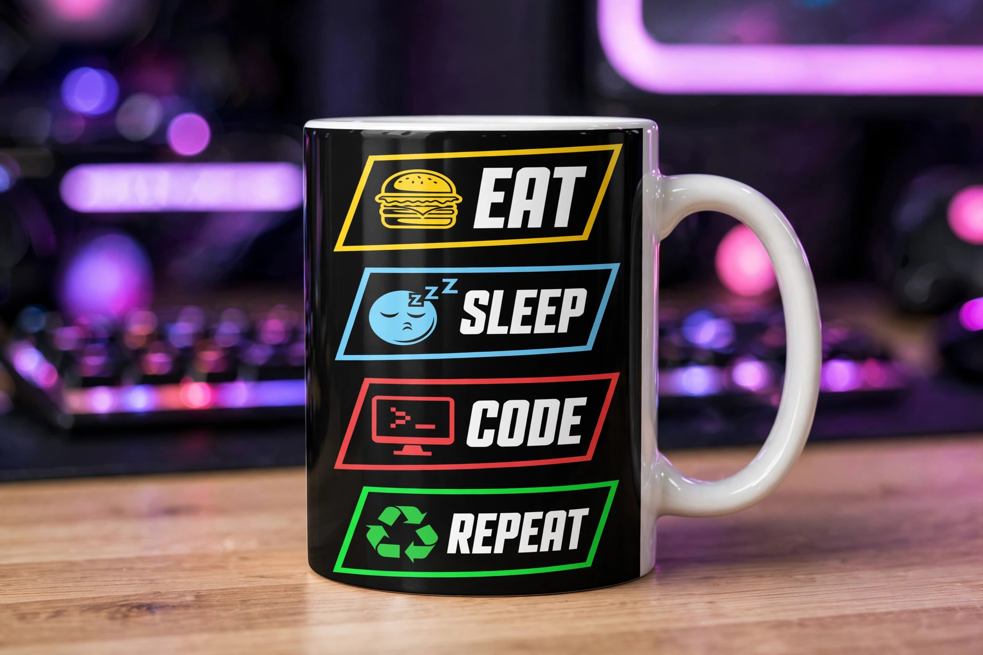 Caneca personalizada preta com arte Eat, Sleep, Code, Repeat para programadores